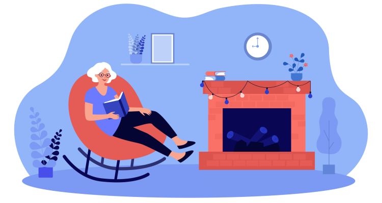Grandmother holding book and sitting in rocking chair by fireside, senior homecoming caption concept.
